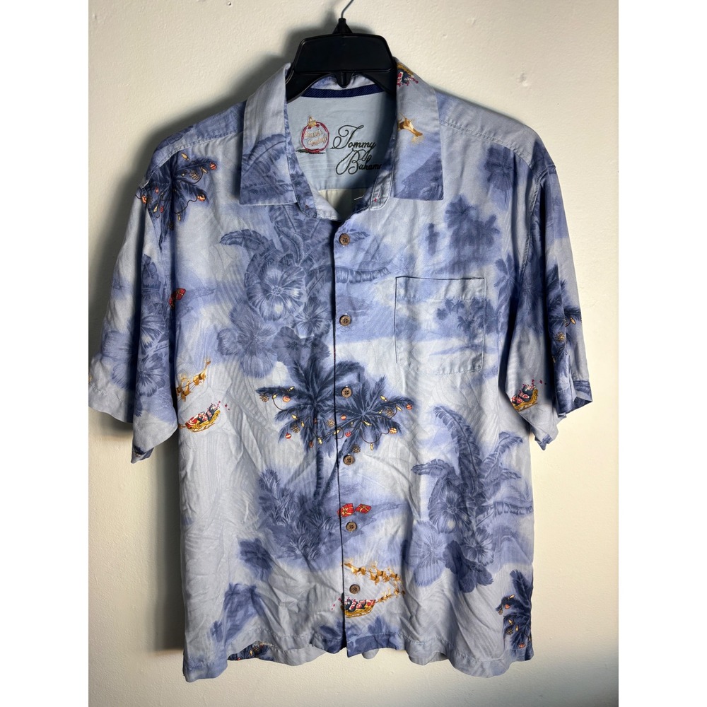 Tommy Bahama Mens XL Silk Christmas Camp Shirt Blue Santa Sleigh Palm Tree